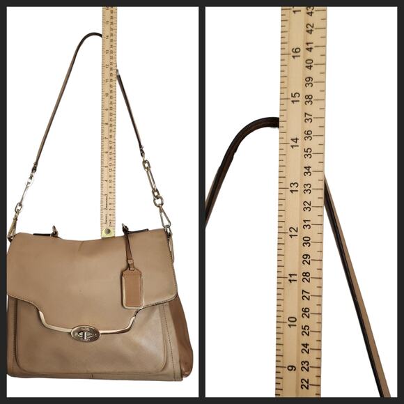 Coach Purse Handbag Leather Colorblock Tan Nude Briefcase Crossbody Flap Top - Picture 14 of 15